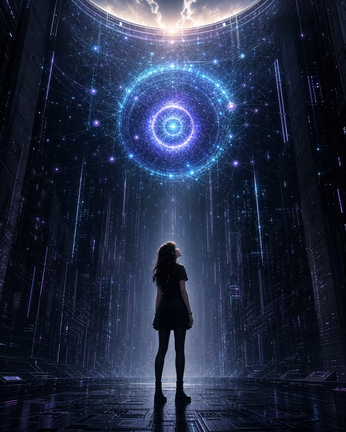 An artistic interpretation of young Cindy Lu inside a computer world, looking toward a luminous opening